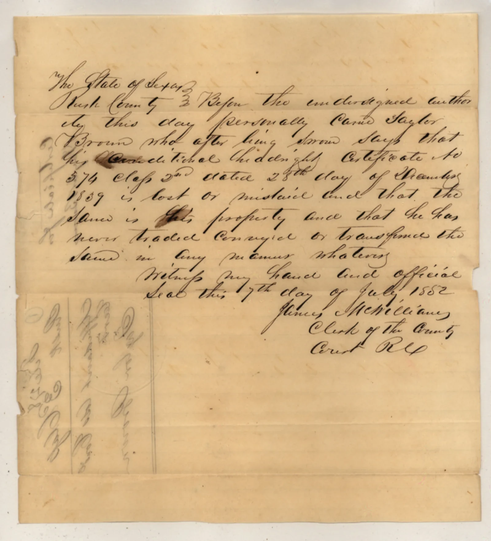 Brown, Taylor Original Cursive Land Grant & Field Notes (Rusk County, Abstract A-135)